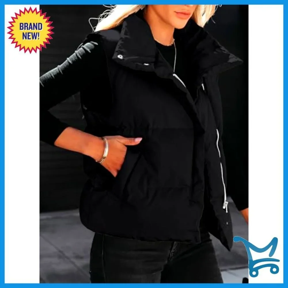Quilted Puffer Vest Lightweight Sleeveless Jacket Stand Collar Zip Up Winter